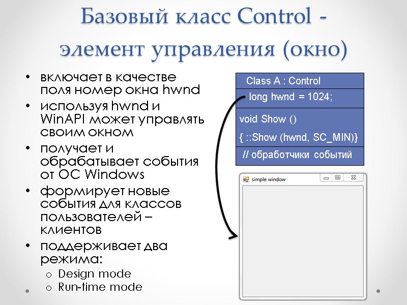 Базовый класс Control - элемент управления (окно) включает в качестве поля номер окна hwnd